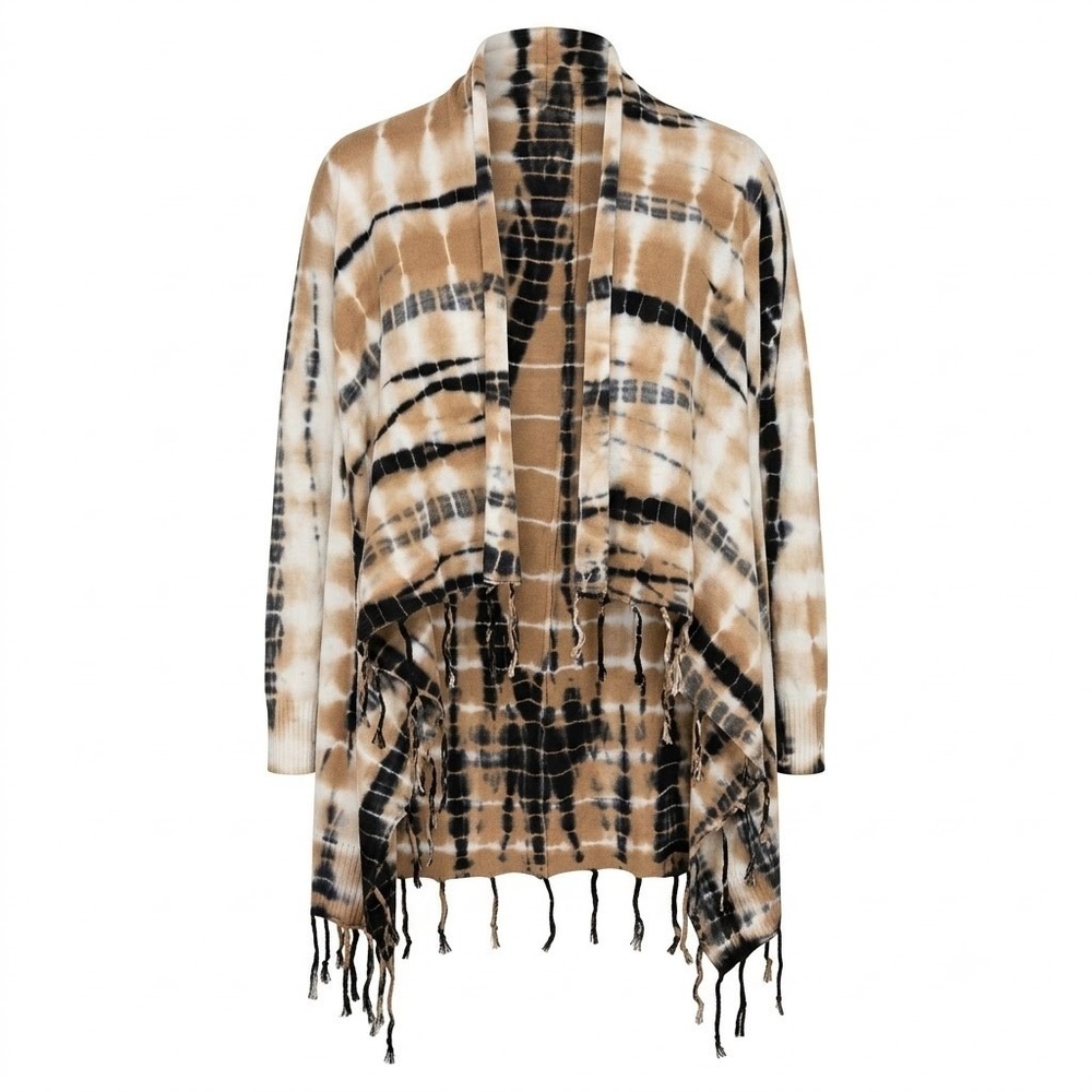 Soft Surroundings Tie‎ Dye Fringe Open Front Cardigan Beige Black Medium - IW